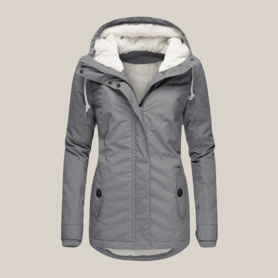 Women's Sherpa-Lined Hooded Quilted Jacket Windproof Zip-Up Parka - Gray