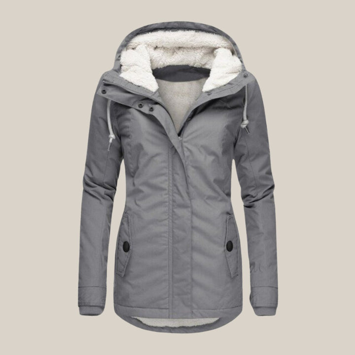 Women's Sherpa-Lined Hooded Quilted Jacket Windproof Zip-Up Parka - Gray