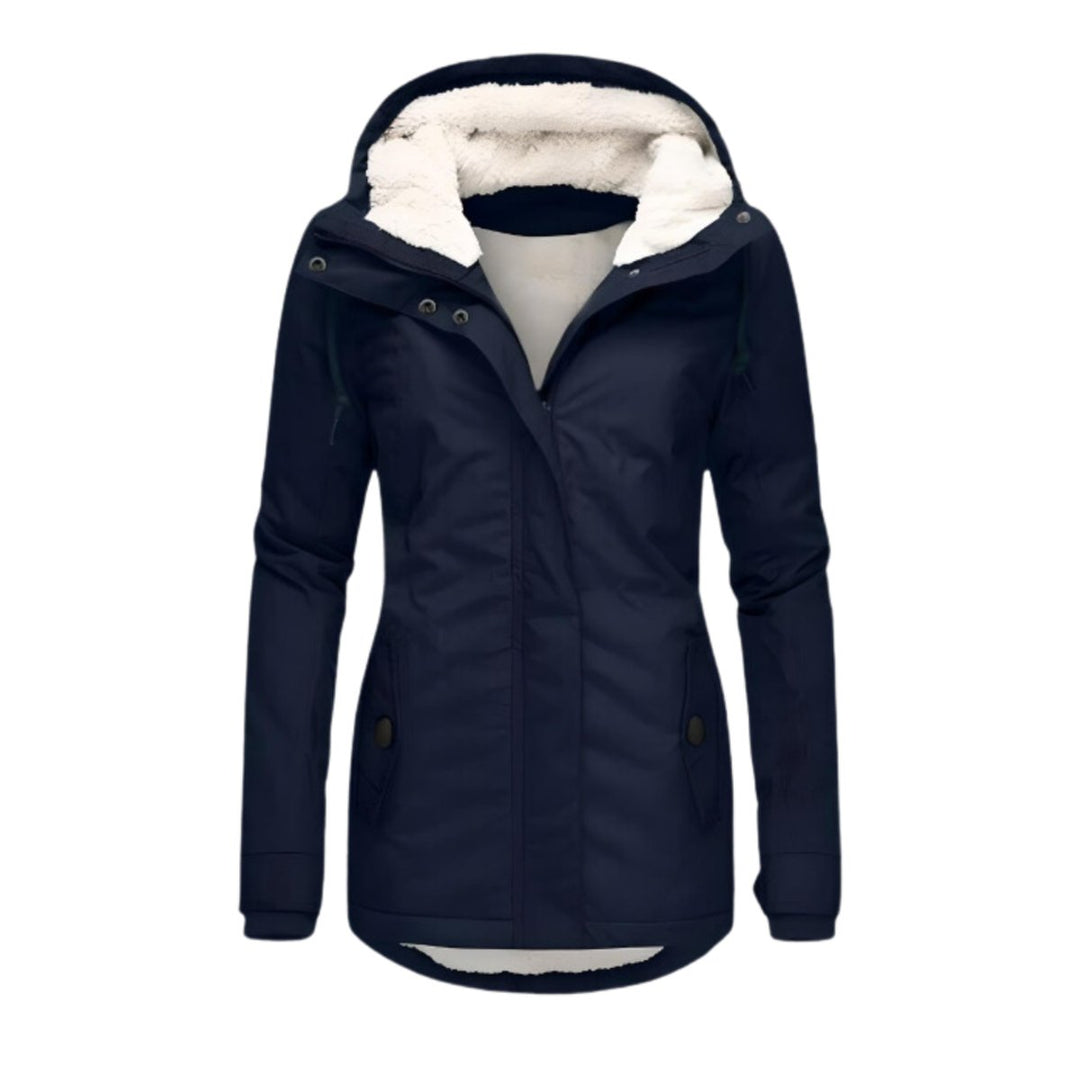 Women's Sherpa-Lined Hooded Waterproof Parka Coat - Navy Blue