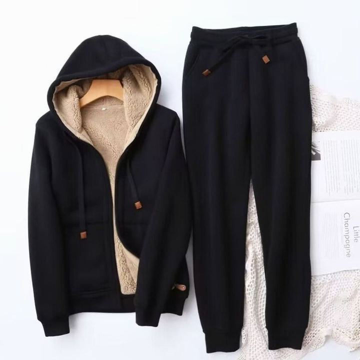 Women's Sherpa-Lined Winter Hoodie Jogger Set - Black