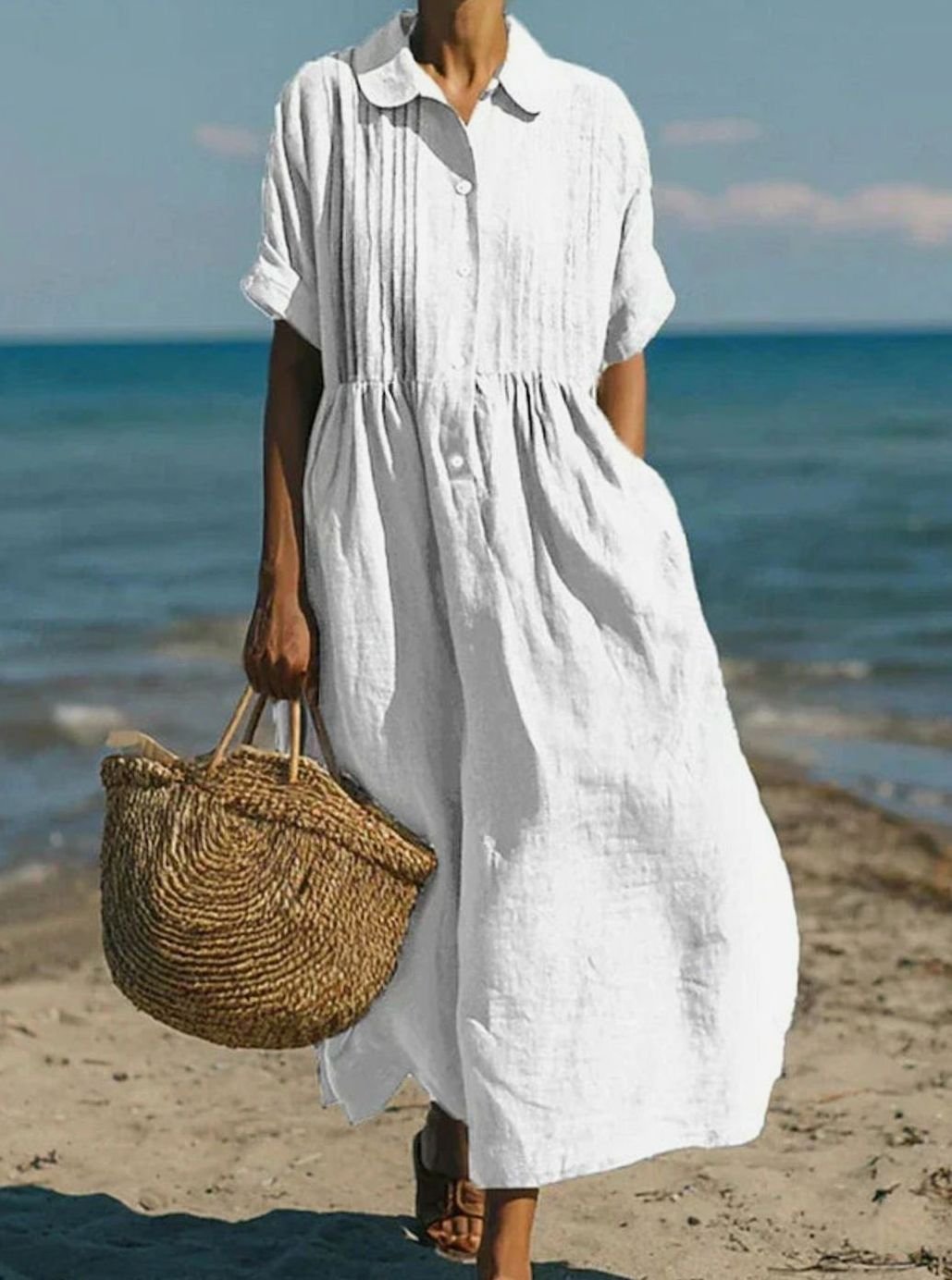 Women's Short-Sleeve Button-Front Collared Midi Shirt Dress - White