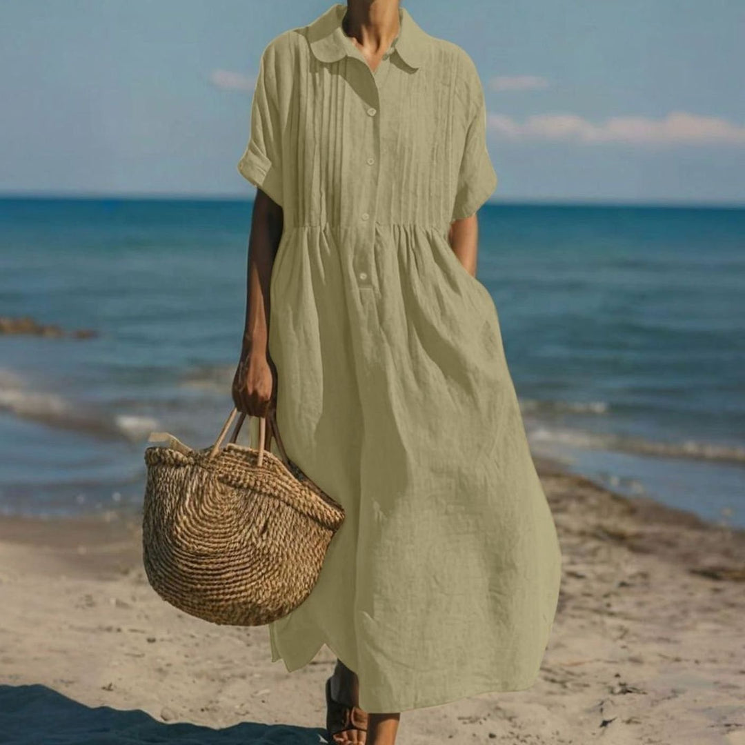 Women's Short-Sleeve Button-Front Collared Midi Shirt Dress - Sage Green