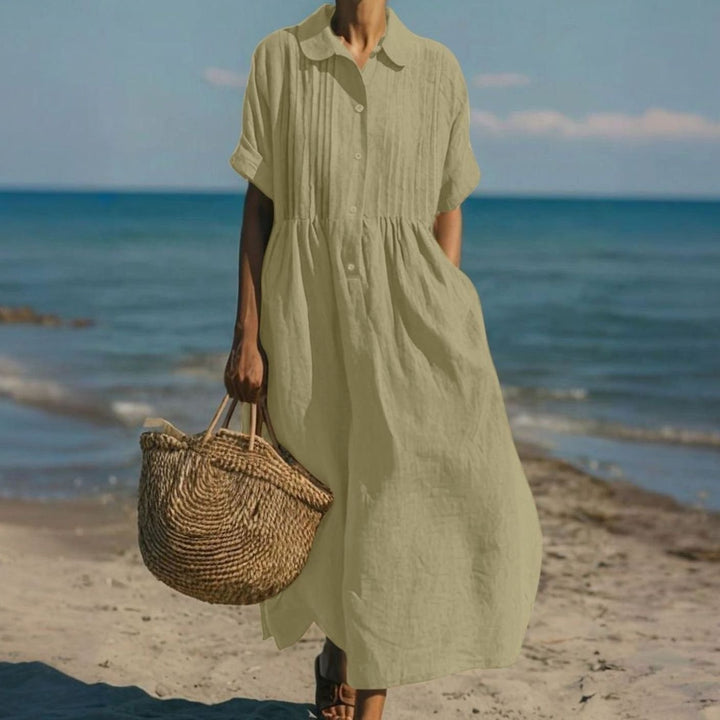 Women's Short-Sleeve Button-Front Collared Midi Shirt Dress - Sage Green