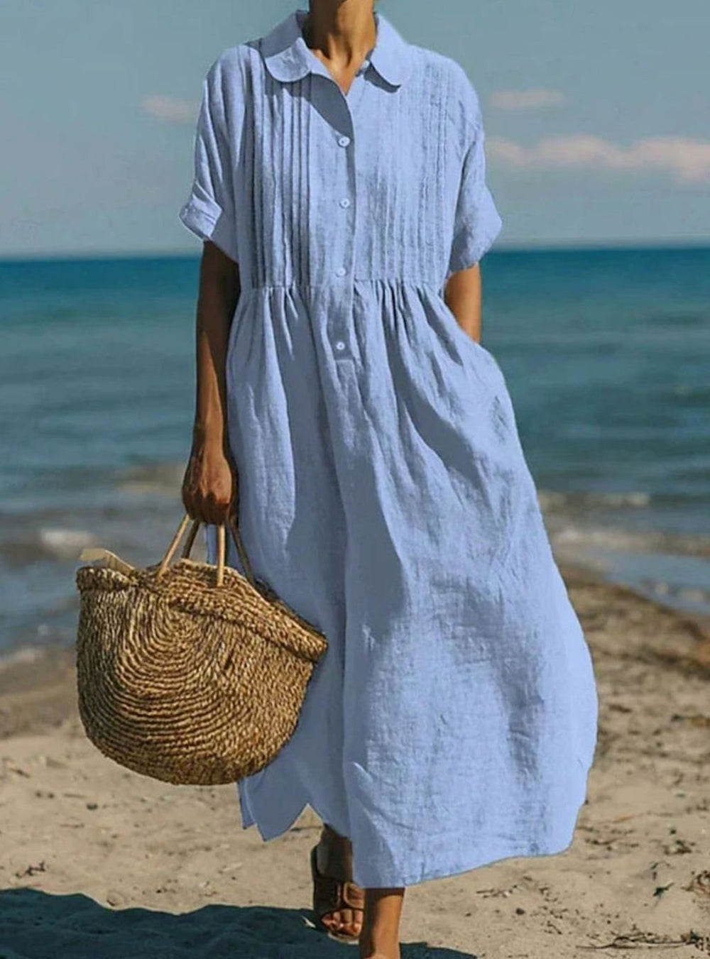 Women's Short-Sleeve Button-Front Collared Midi Shirt Dress - Light Blue