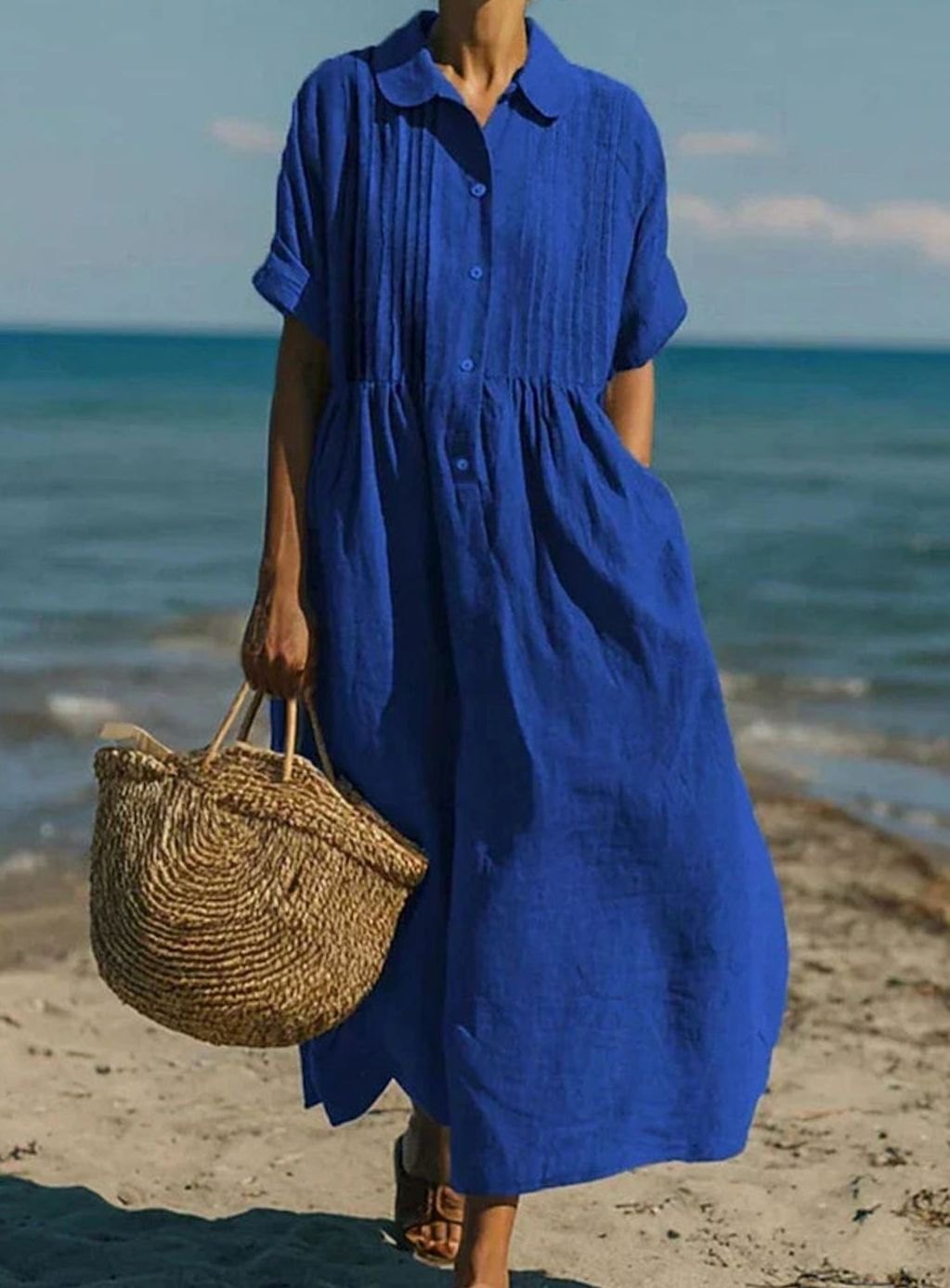 Women's Short-Sleeve Button-Front Collared Midi Shirt Dress - Blue