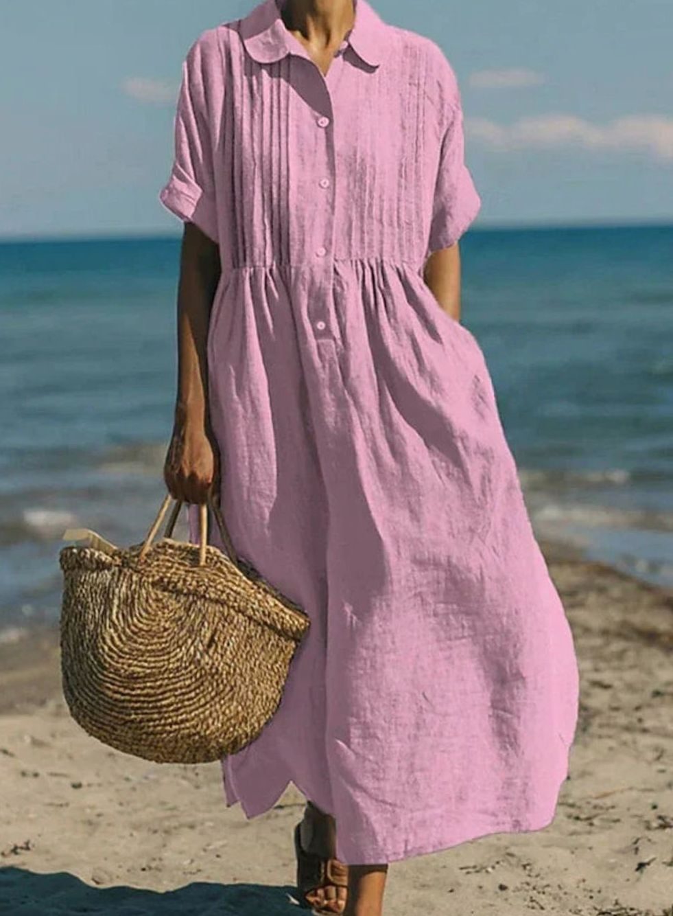 Women's Short-Sleeve Button-Front Collared Midi Shirt Dress - Pink