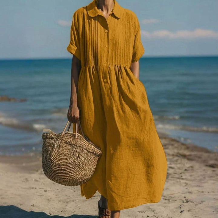 Women's Short-Sleeve Button-Front Collared Midi Shirt Dress - Orange