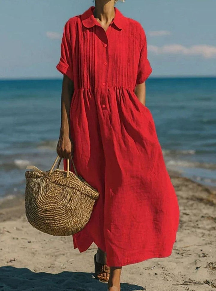 Women's Short-Sleeve Button-Front Collared Midi Shirt Dress - Red