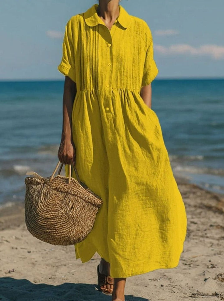 Women's Short-Sleeve Button-Front Collared Midi Shirt Dress - Yellow