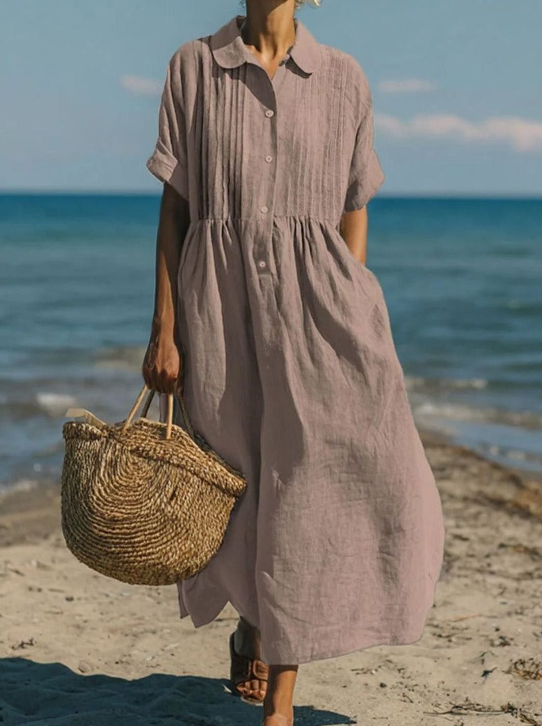 Women's Short-Sleeve Button-Front Collared Midi Shirt Dress - Dusty Rose