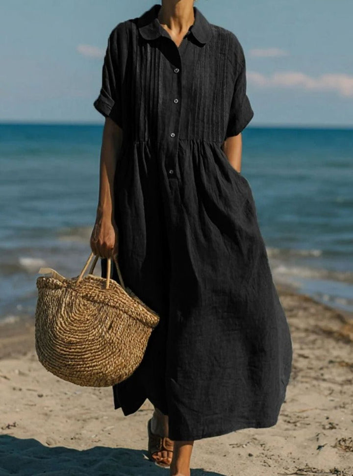 Women's Short-Sleeve Button-Front Collared Midi Shirt Dress - Black