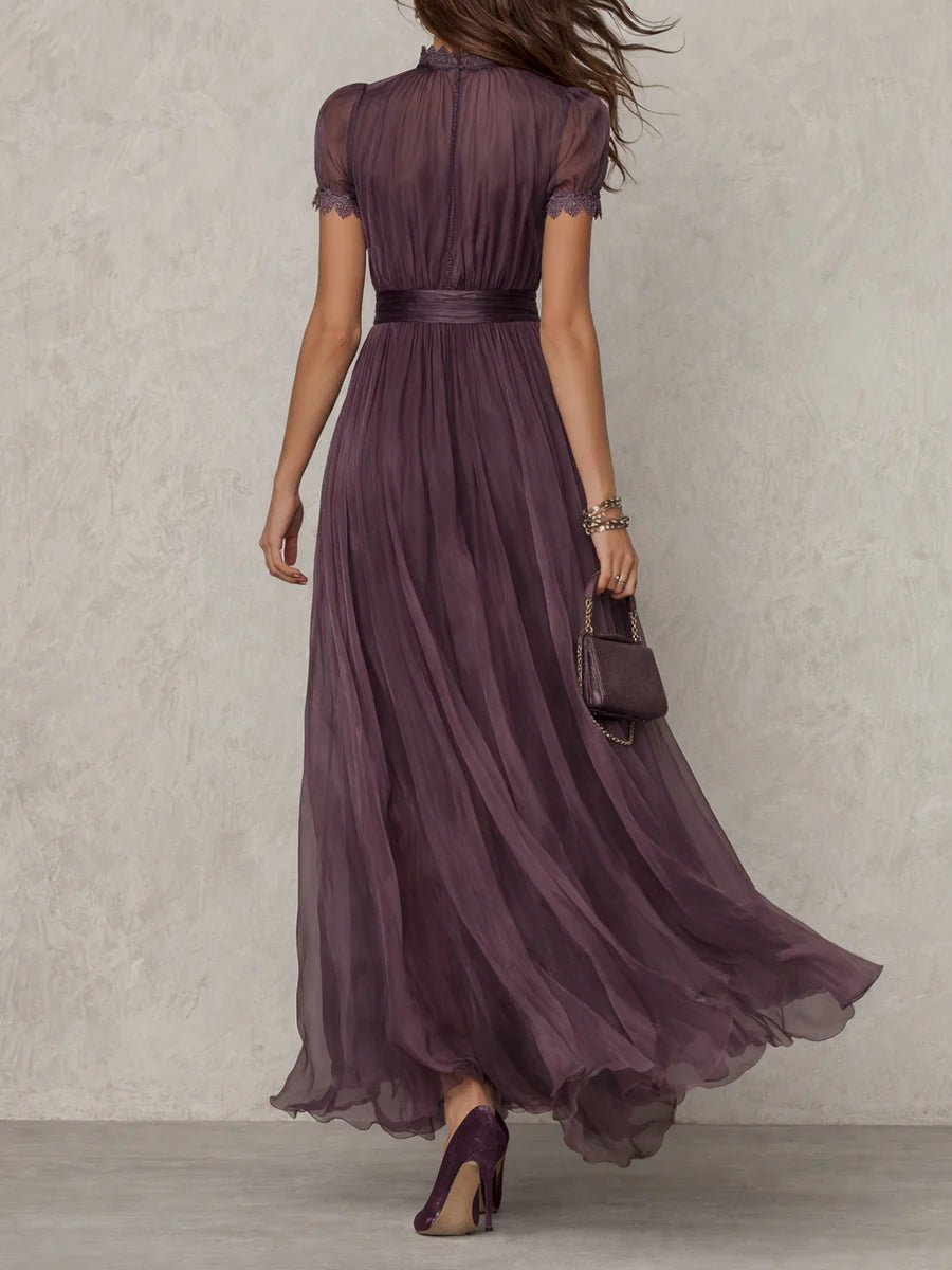 Women's Short Sleeve Keyhole Flowing Chiffon Maxi Dress