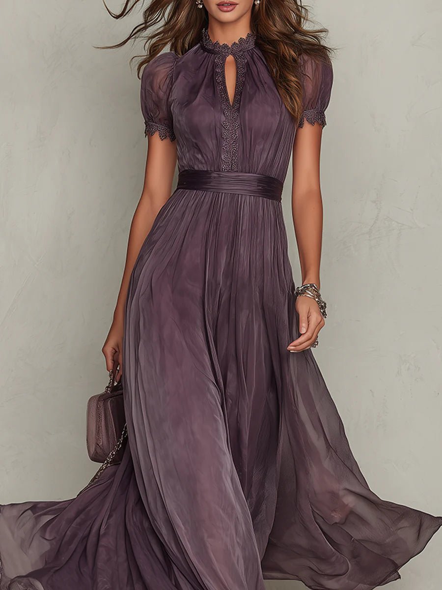 Women's Short Sleeve Keyhole Flowing Chiffon Maxi Dress