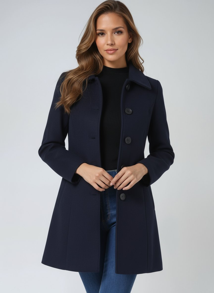 Women's Single-Breasted Structured Lapel Winter Coat - Dark Blue