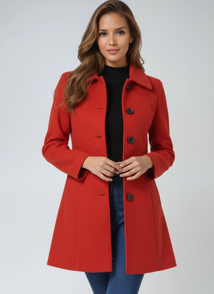 Women's Single-Breasted Structured Lapel Winter Coat - Red