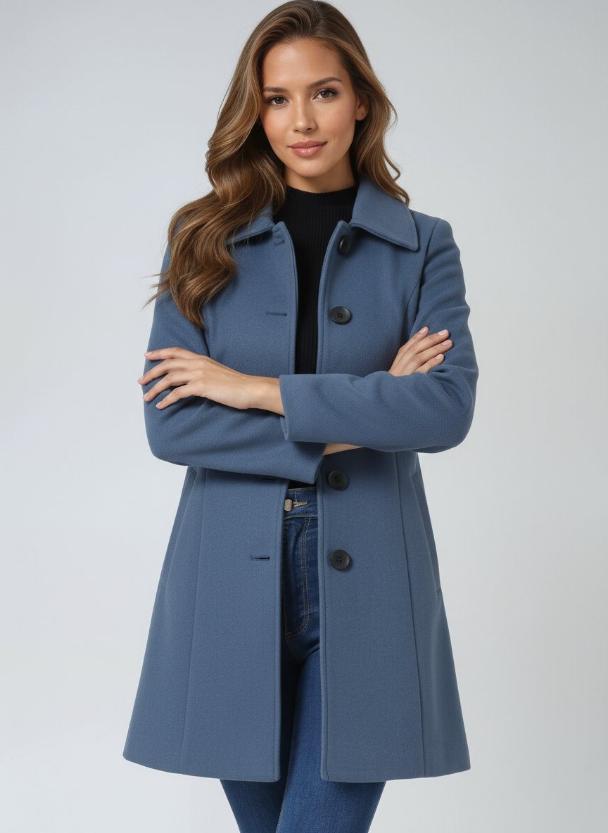 Women's Single-Breasted Structured Lapel Winter Coat - Light Blue