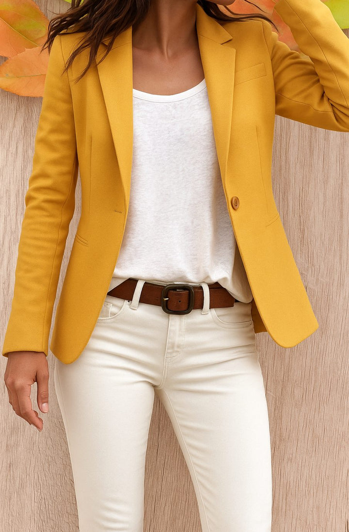 Women's Single-Button Fitted Office Blazer Tailored Jacket - Yellow