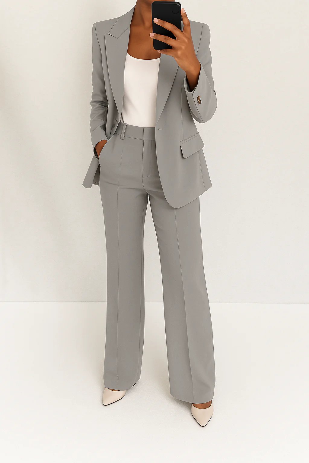 Women's Single-Button Straight-Leg Two-Piece Blazer Suit Set - Grey