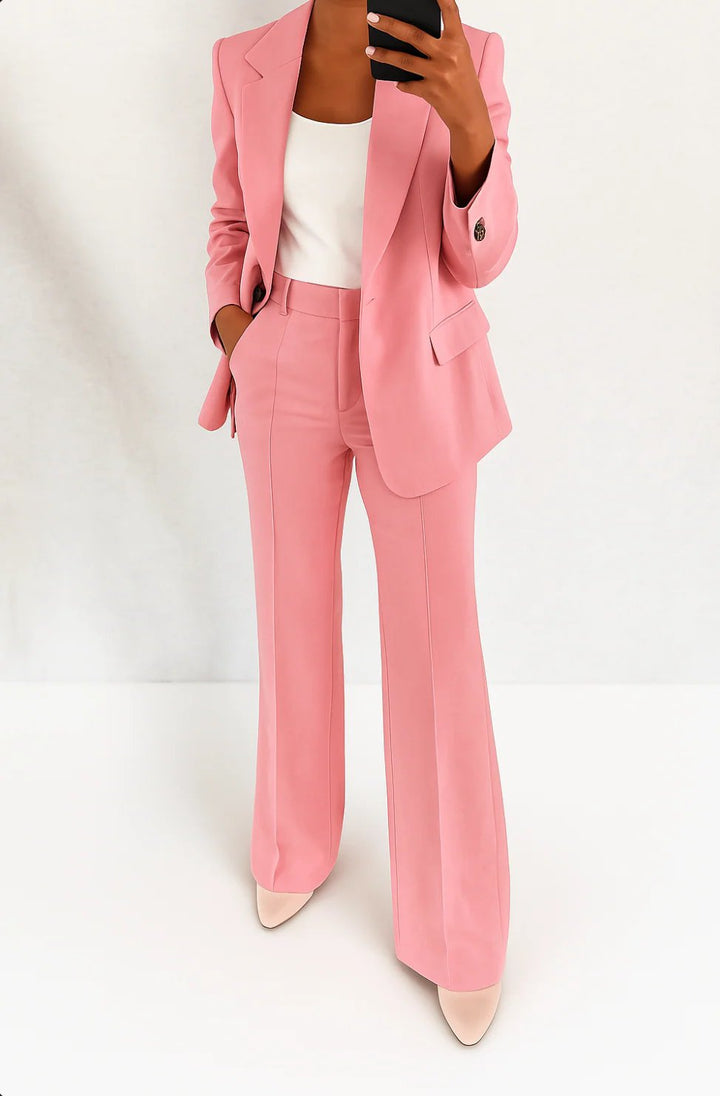 Women's Single-Button Straight-Leg Two-Piece Blazer Suit Set - Pink