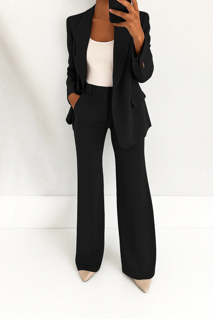 Women's Single-Button Straight-Leg Two-Piece Blazer Suit Set - Black