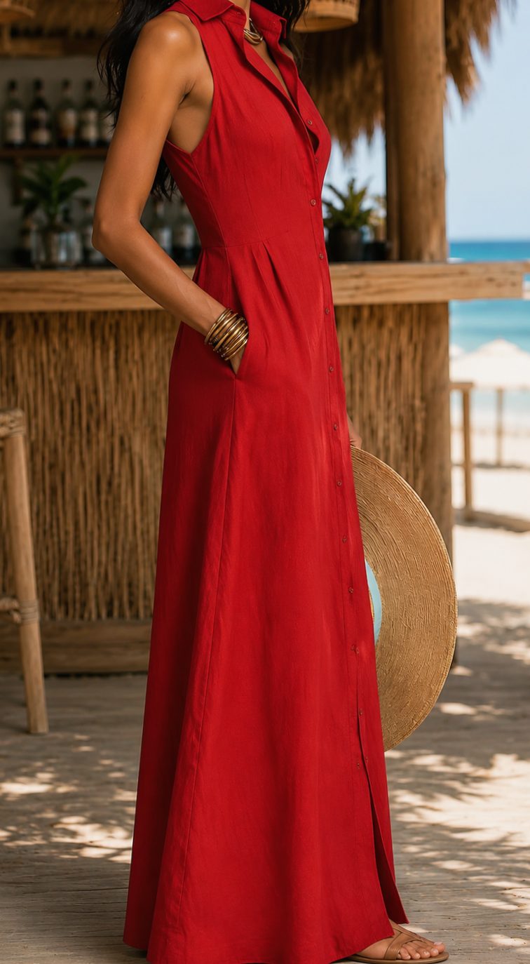 Women's Sleeveless Button-Down Linen Blend Maxi Beach Dress