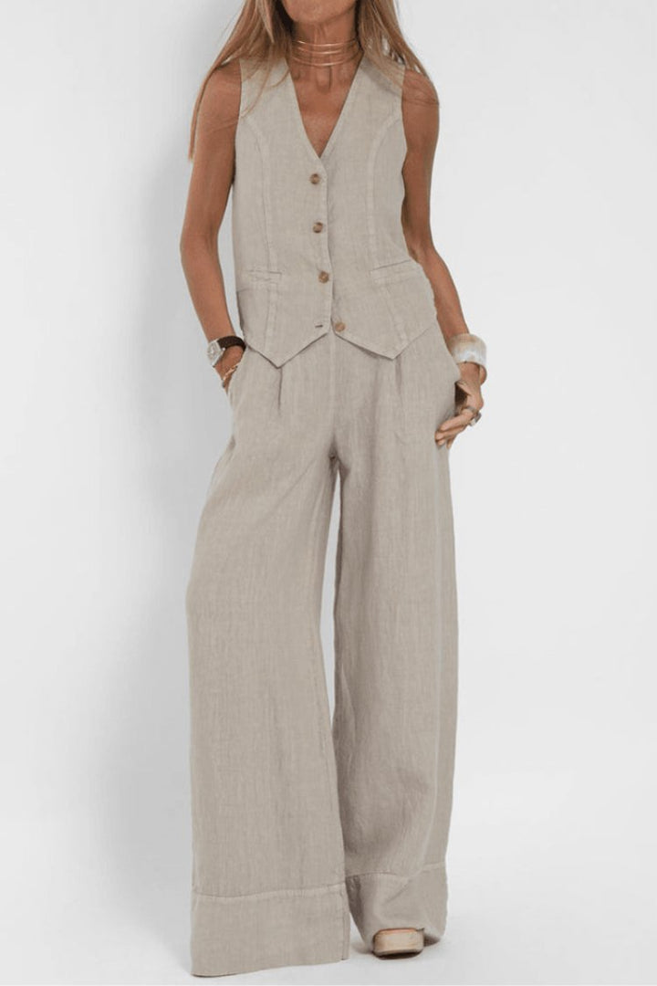 Women's Sleeveless Button-Front Vest Wide-Leg Pants Two-Piece Set - Beige