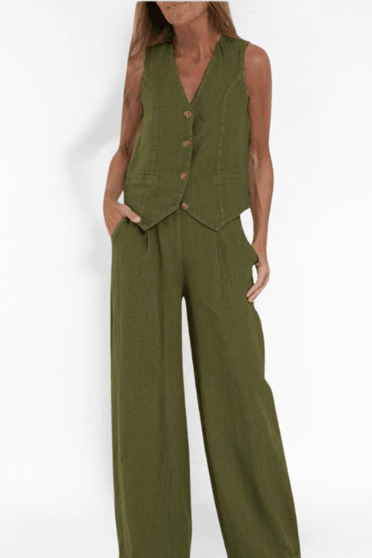 Women's Sleeveless Button-Front Vest Wide-Leg Pants Two-Piece Set - Green