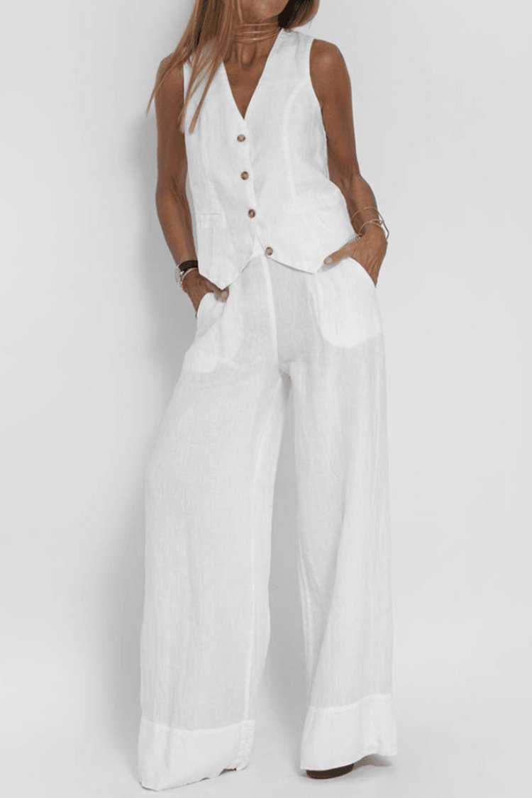 Women's Sleeveless Button-Front Vest Wide-Leg Pants Two-Piece Set - White