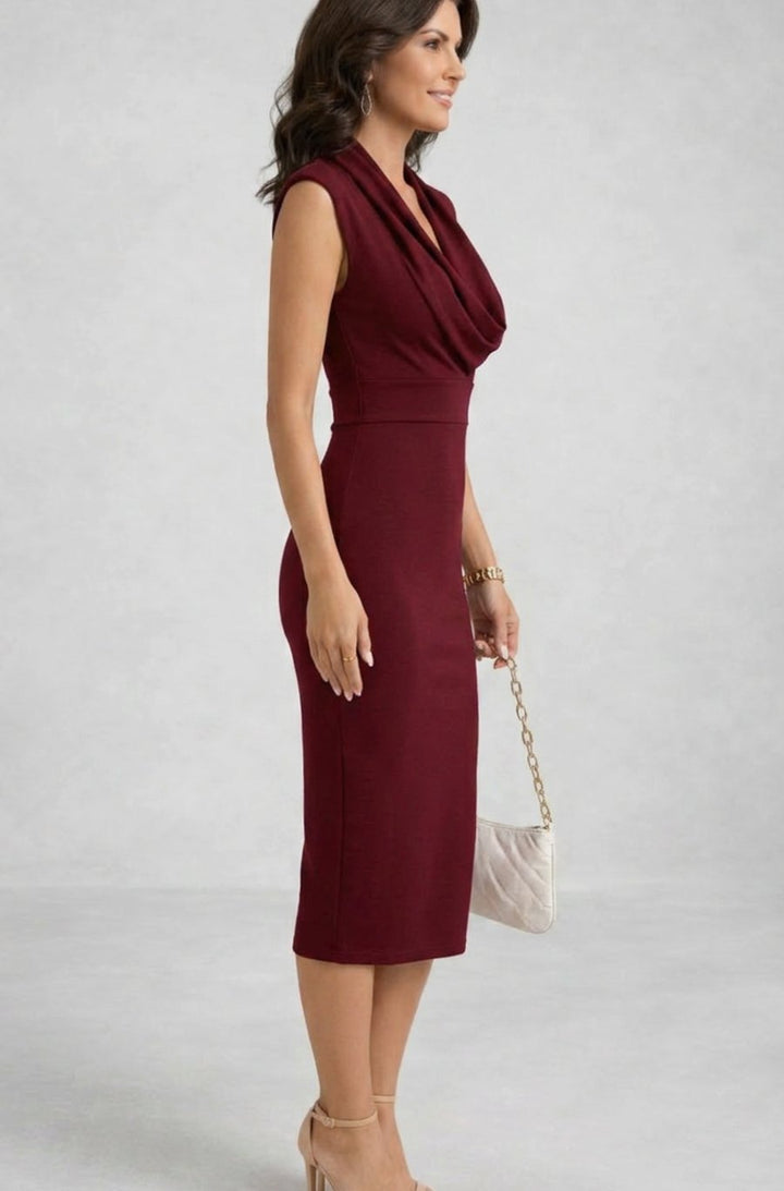 Women's Sleeveless Cowl Neck Body-Skimming Pencil Midi Dress