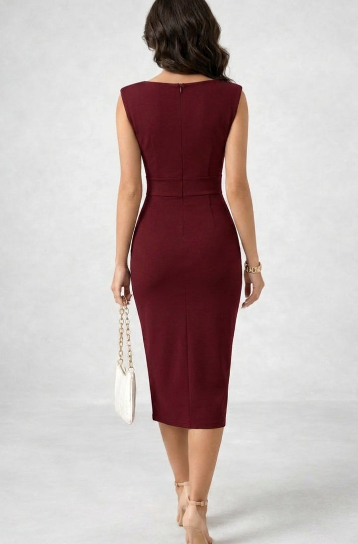 Women's Sleeveless Cowl Neck Body-Skimming Pencil Midi Dress
