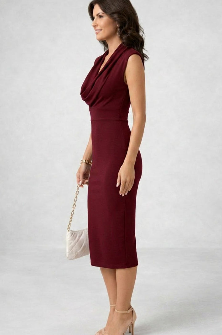 Women's Sleeveless Cowl Neck Body-Skimming Pencil Midi Dress