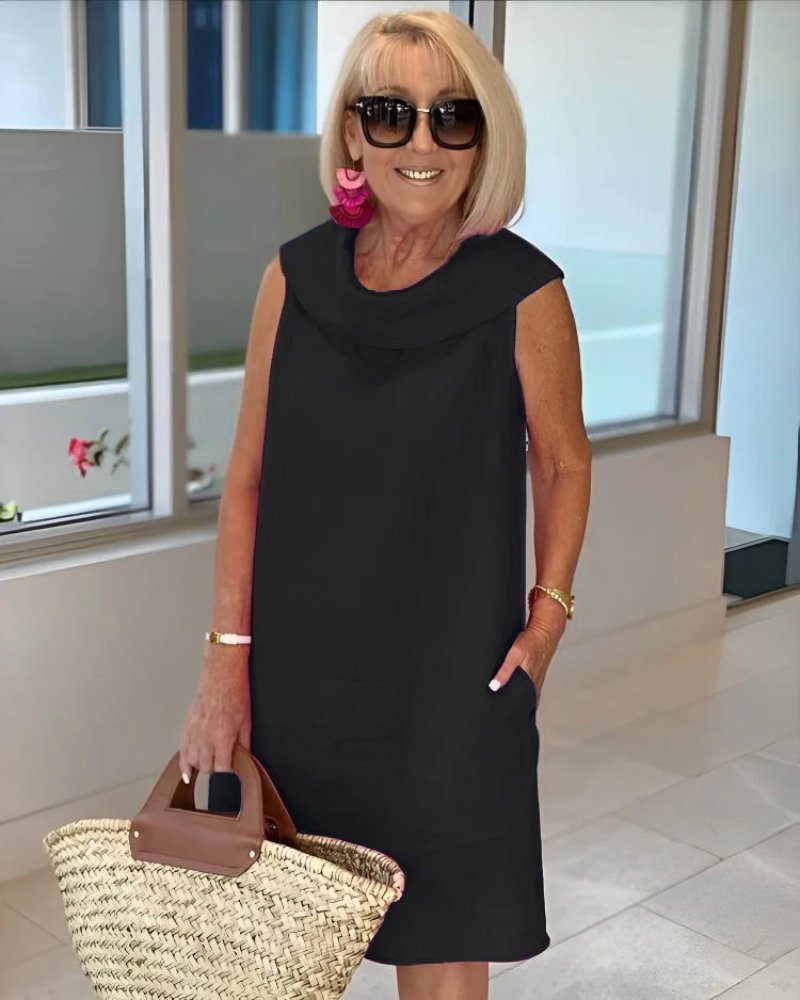 Women's Sleeveless Cowl-Neck Shift Dress - Black