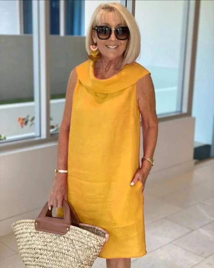 Women's Sleeveless Cowl-Neck Shift Dress - Yellow
