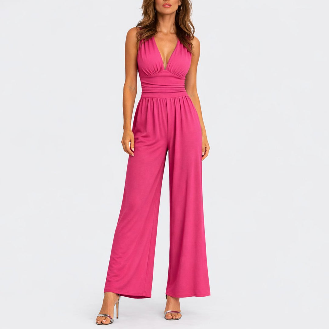 Women's Sleeveless Deep V-Neck Wide-Leg Jumpsuit - Pink