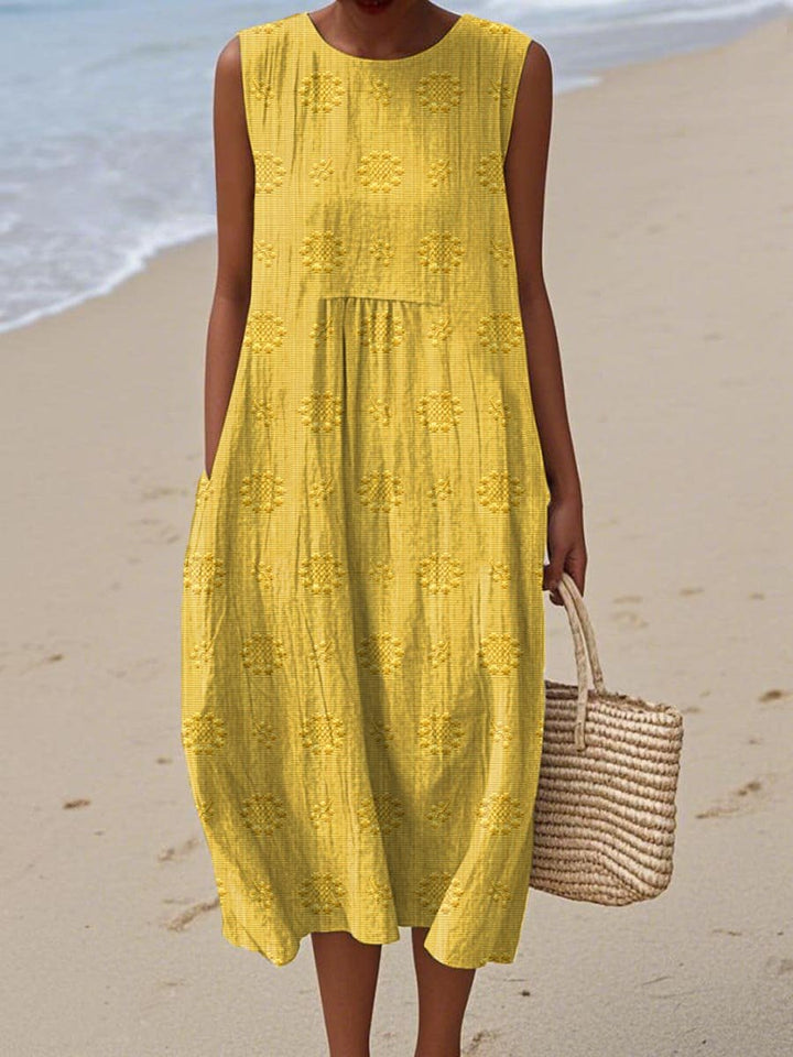 Women's Sleeveless Embroidered Cotton Midi Dress Pockets - yellow