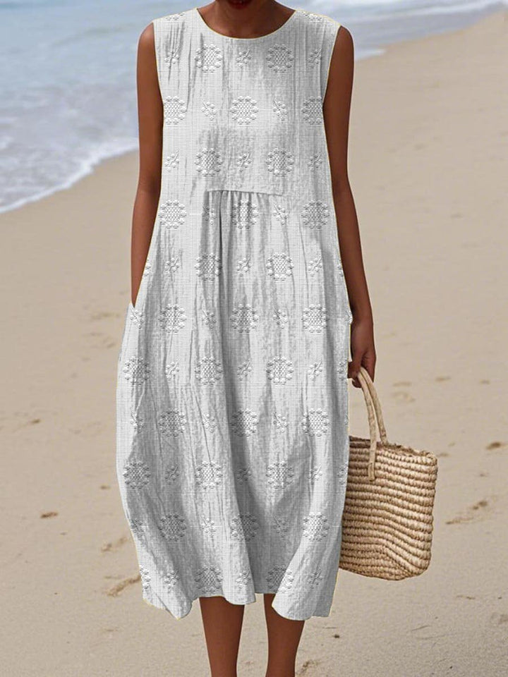 Women's Sleeveless Embroidered Cotton Midi Dress Pockets - White