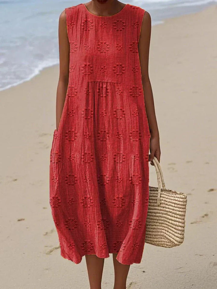 Women's Sleeveless Embroidered Cotton Midi Dress Pockets - Red