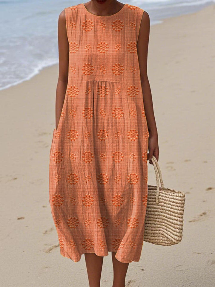 Women's Sleeveless Embroidered Cotton Midi Dress Pockets - Orange