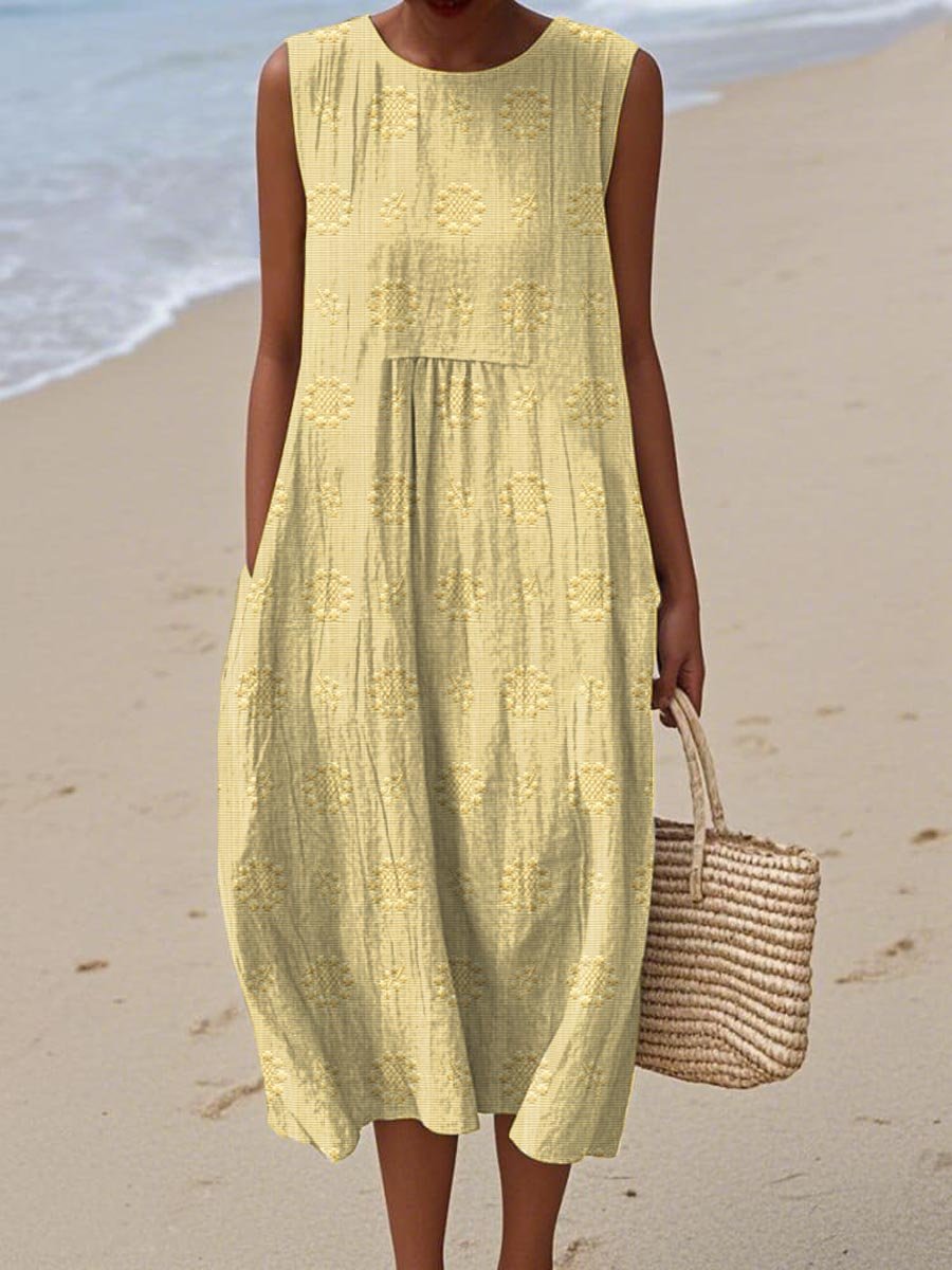 Women's Sleeveless Embroidered Cotton Midi Dress Pockets - Light yellow