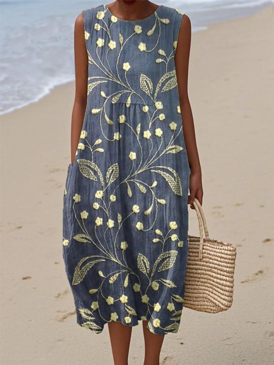 Women's Sleeveless Floral Print Relaxed Midi Dress - Blue