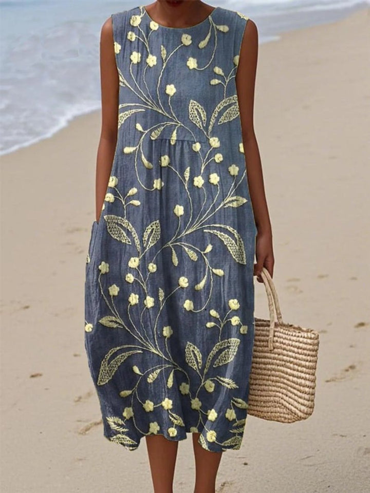 Women's Sleeveless Floral Print Relaxed Midi Dress - Blue