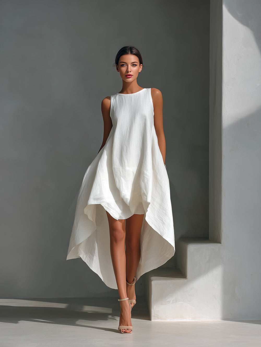 Women's Sleeveless Linen Asymmetric Handkerchief Hem Midi Dress