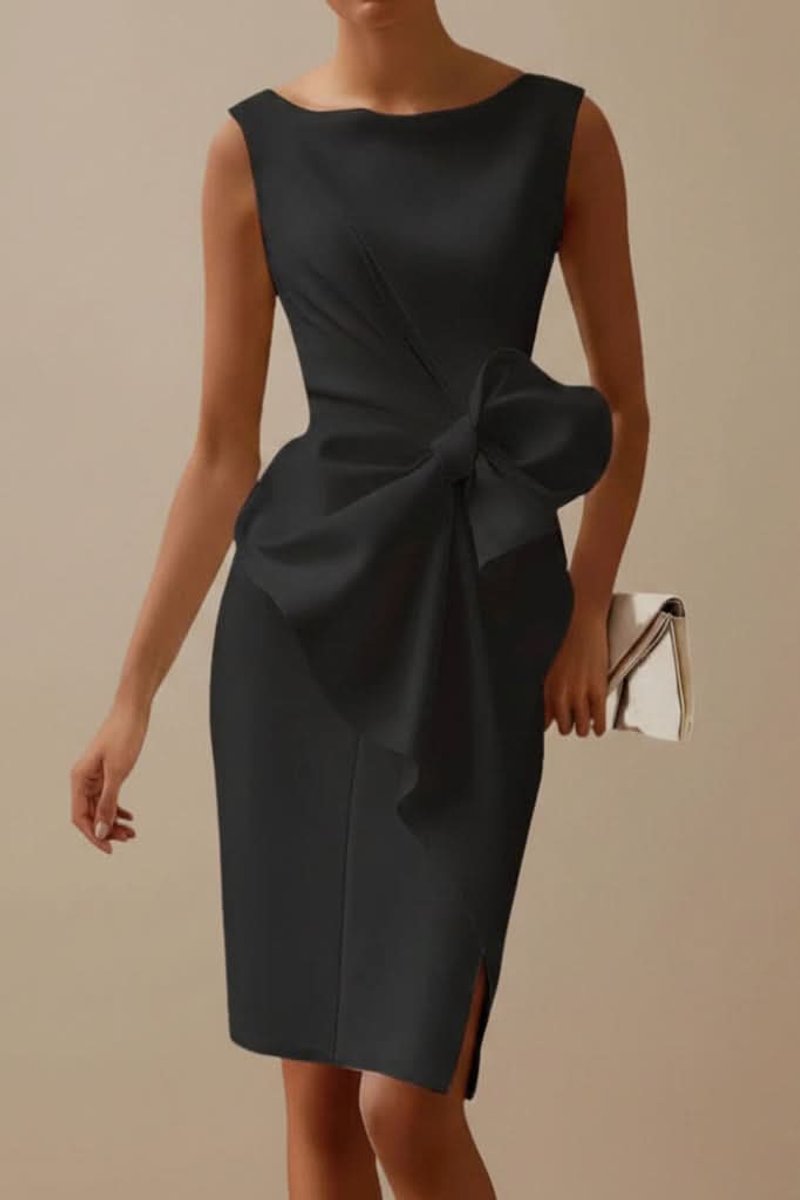 Women's Sleeveless Midi Cocktail Dress Bow Waist Side Slit - Black