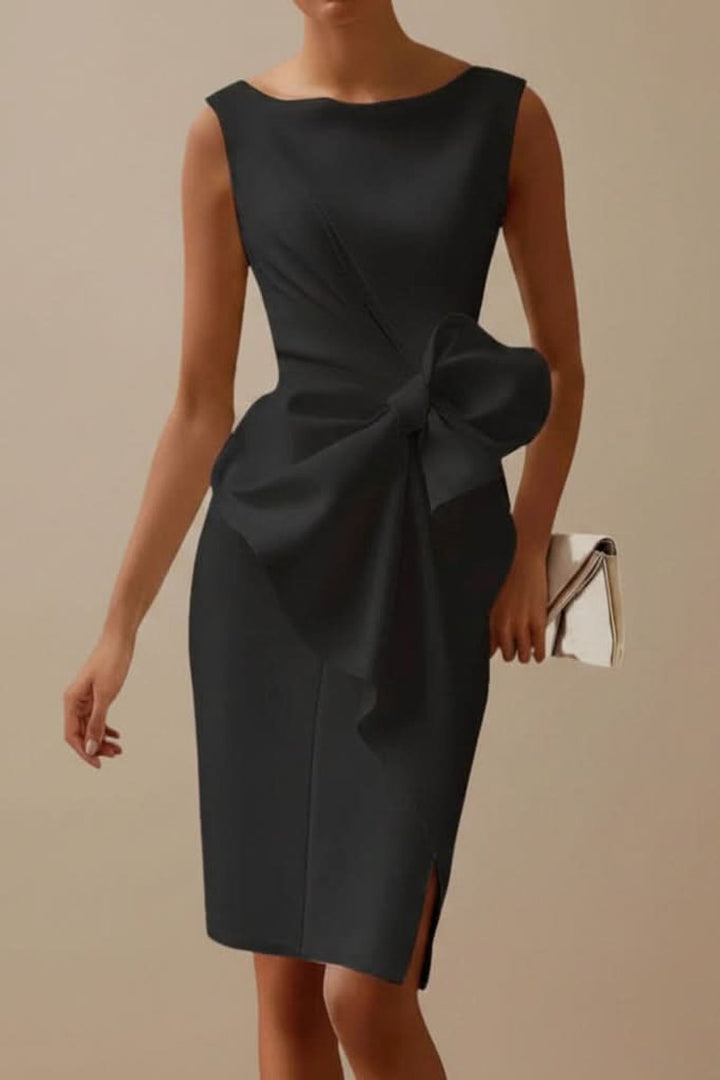 Women's Sleeveless Midi Cocktail Dress Bow Waist Side Slit - Black