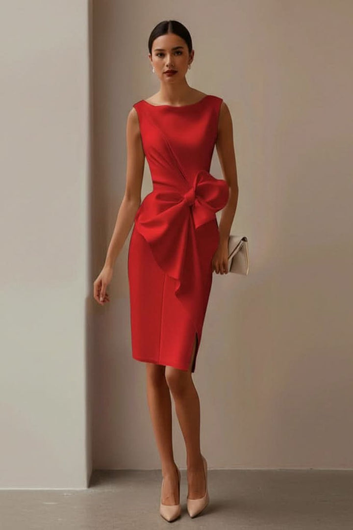 Women's Sleeveless Midi Cocktail Dress Bow Waist Side Slit