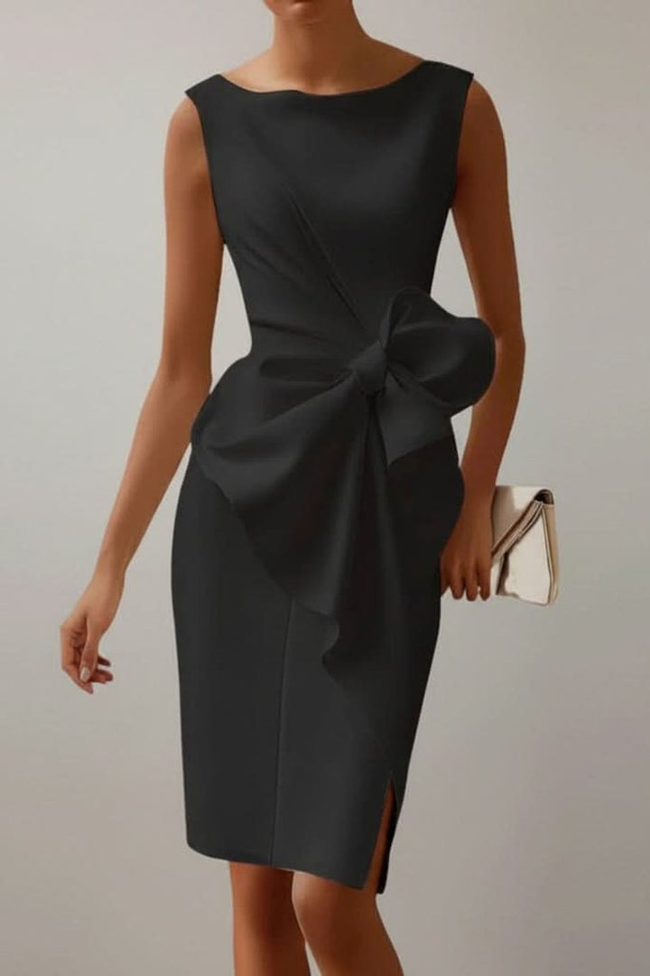 Women's Sleeveless Midi Cocktail Dress Bow Waist Side Slit
