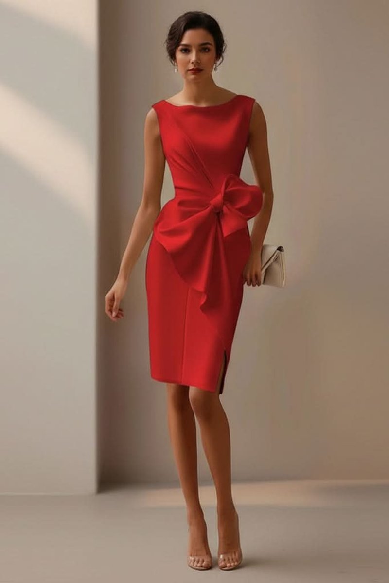 Women's Sleeveless Midi Cocktail Dress Bow Waist Side Slit - Red