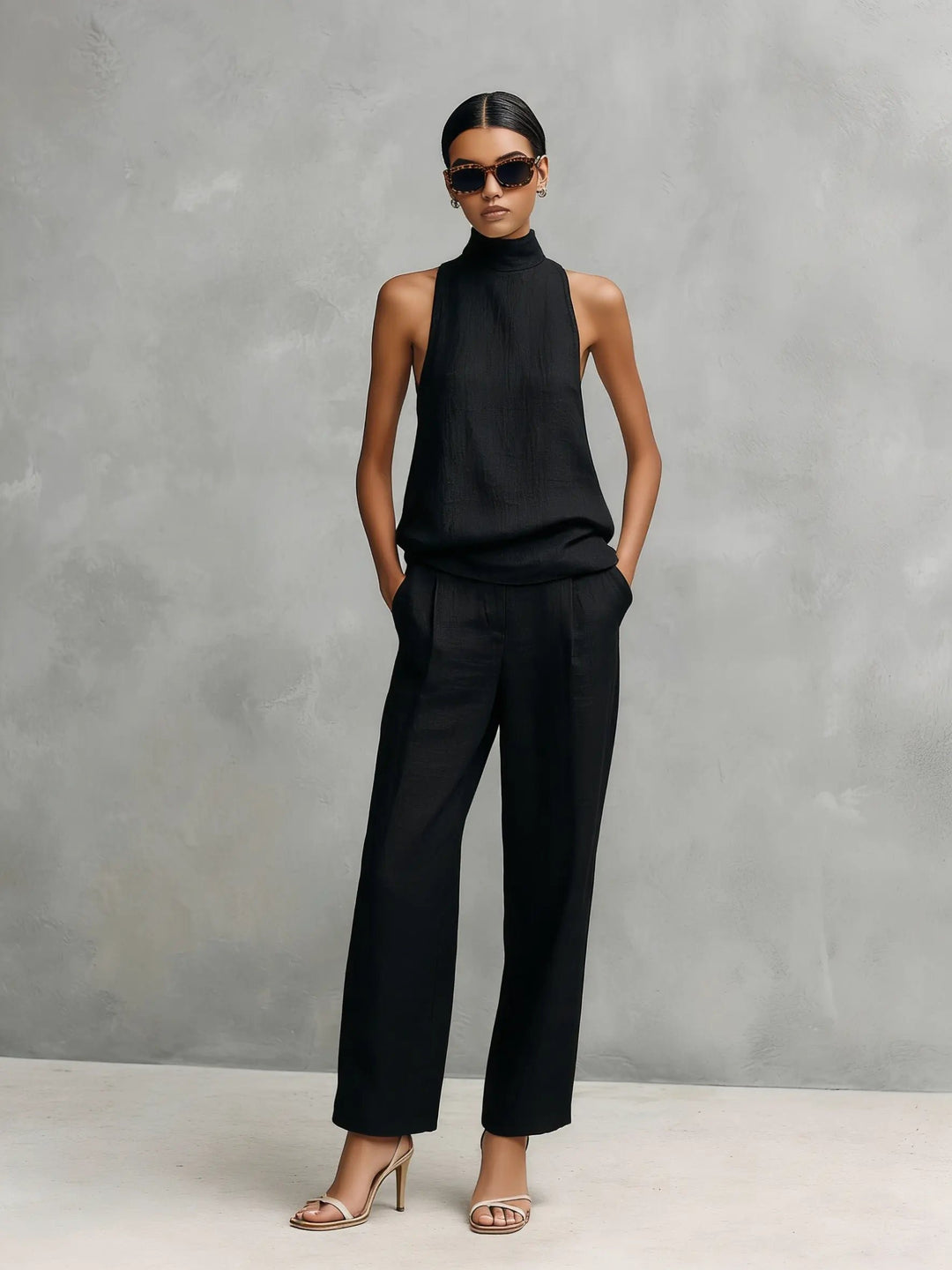 Women's Sleeveless Mock-Neck Cotton-Linen Two-Piece Top Pants Set