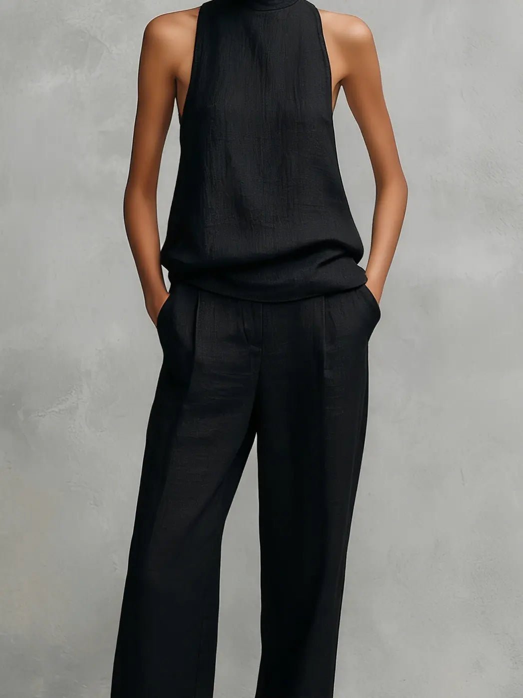 Women's Sleeveless Mock-Neck Cotton-Linen Two-Piece Top Pants Set