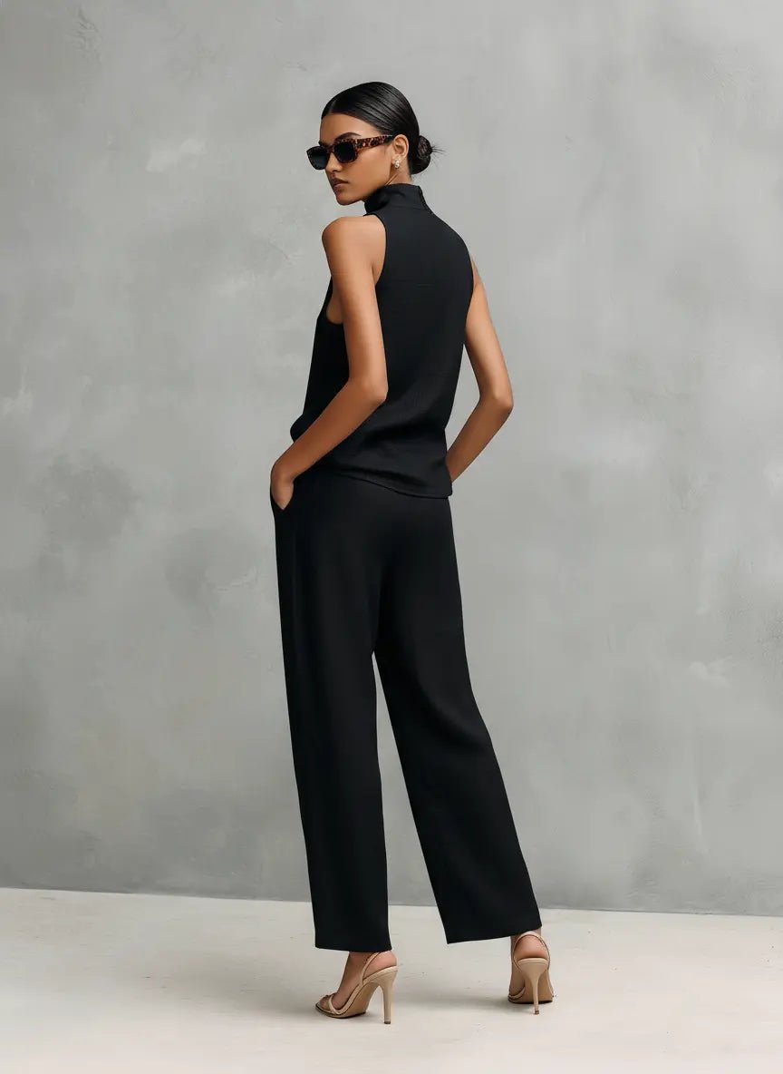 Women's Sleeveless Mock-Neck Cotton-Linen Two-Piece Top Pants Set